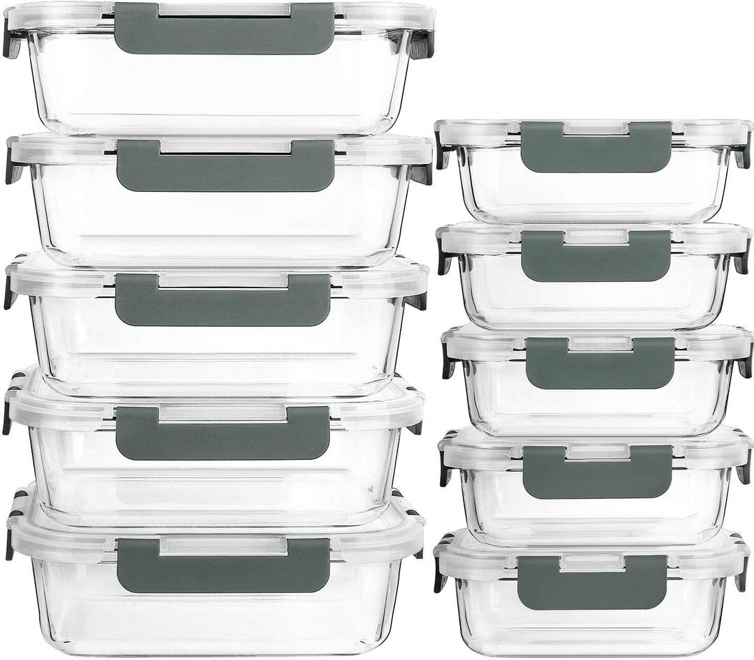 10-Pack Glass Meal Prep Containers with Lids, MCIRCO Food Storage Containers with Snap Locking Lids, Airtight Lunch Containers, Microwave, Oven, Freezer and Dishwasher (Gray)