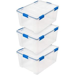IRIS USA WeatherPro 60 Qt Storage Bins with Lids, 3 Pack, BPA-Free Plastic Gasket Box with Tight Latch and Seal, Stackable Nestable Tote Tub - Clear/Blue