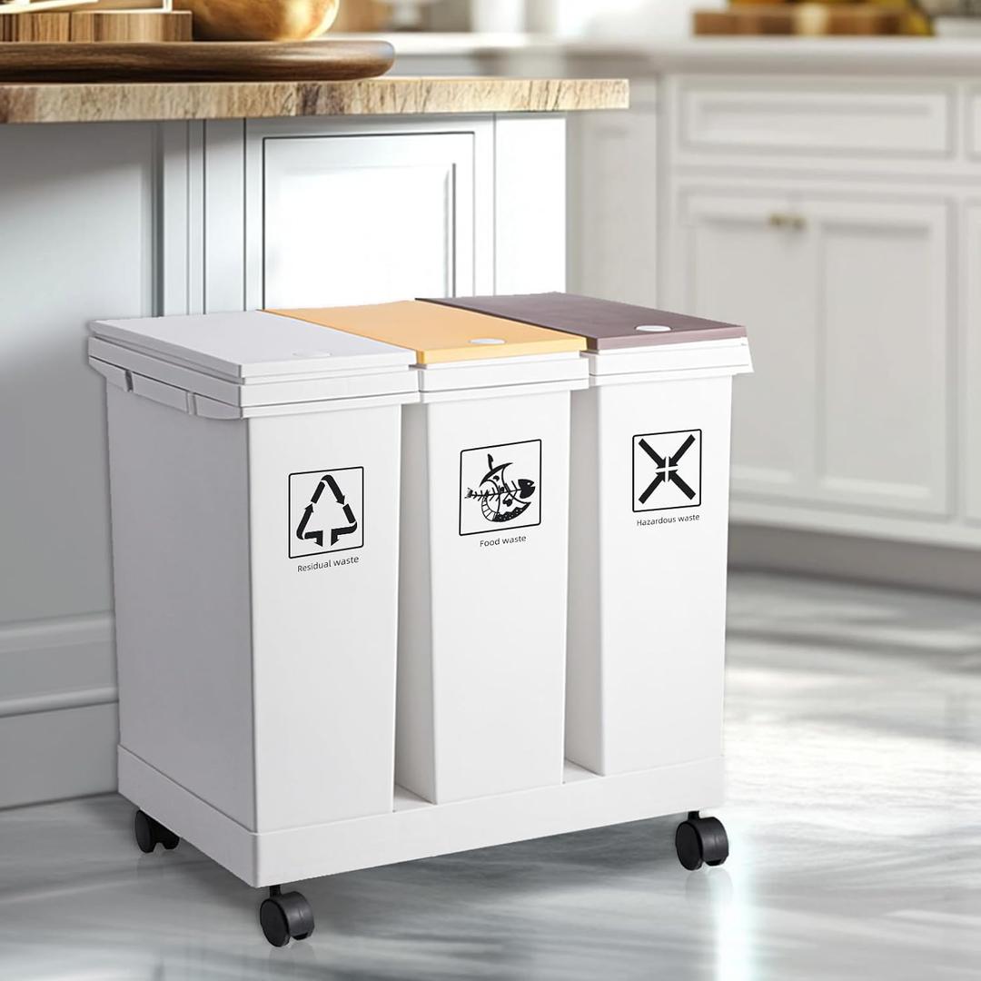20L x 3 Compartment Trash Can with Wheels, 16 Gallon Recycling Bin and Rolling Garbage Can for Kitchen, Mobile Waste Separation System with Press-Open Lids & Detachable Containers for Home & Office