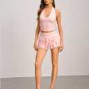 2 Piece Outfits for Women Halter V Neck Sleeveless Crop Top with Lace Mesh Tiered Layered Ruffle Mini Skirts Sets (Pink, L)