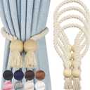 4 Pack Magnetic Curtain Tiebacks Cotton Hand Woven Tie Back Decorative Rope Holdbacks for Curtains Draperies No Tools Required, Beige