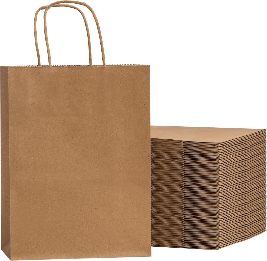 RACETOP 50Pcs 8x4.5x10.8 Inch Brown Gift Bags with Handles, Paper Gift Bags Bulk, Kraft Paper Bags for Craft, Retail, Shopping, Favor (1 Count (Pack of 50))
