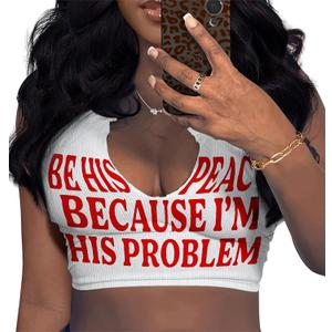 LovelyWholesale Sexy Crop Top for Women Graphic Tees Summer V Neck Tank Tops, size L, White