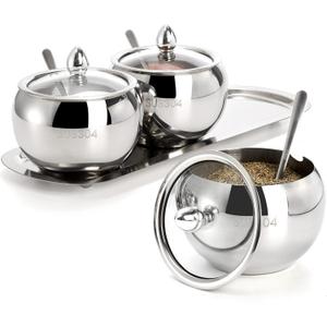 Hedume 3 Grids 304 Stainless Steel Seasoning Containers Set with Lid Spoon and Tray, Condiment Jar Spice Container, Condiment Canisters Pots for Serving Sugar, Pepper, Salt, Spice