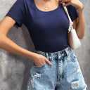 Womens T Shirt Short Sleeve Tshirt Ribbed Basic Tops Tee (Blue, L)