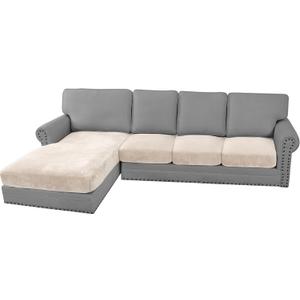 H.VERSAILTEX Velvet Stretch Sectional Couch Covers - 4 Piece Sofa Seat Cushions for L Shape Sectional Couch (Large 3 Seater + 1 Chaise, Ivory)