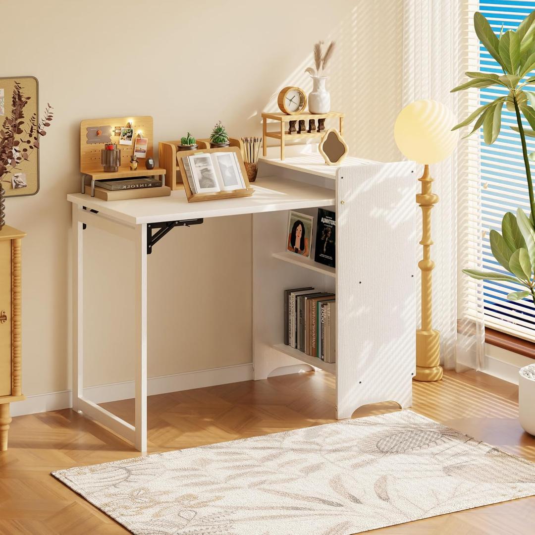 HDDFER Folding Desk with Built-in Outlet,for Small Spaces,Hidden Desk with Storage Shelf, Foldable Computer Desk for Bedroom Home Office, Mid Century Modern Fold Out Table Writing Table, White, 19.69"D x 39.37"W x 33.46"H