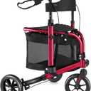 3 Wheel Rollator Walker with Seat for Slim Seniors, Padded Backrest Lightweight Foldable Walker Ideal for Elderly, 8 Inch Tri-Wheel Modern Mobility Walking Aid Aluminum, Red