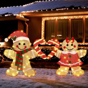 DULEFUN 22.5 Lighted Christmas Yard Decoration 2pcs Light Up Gingerbread Man Couple Christmas Outdoor Decorations Sign Waterproof for Xmas Winter Holiday Garden Lawn Outside Indoor Decor Display