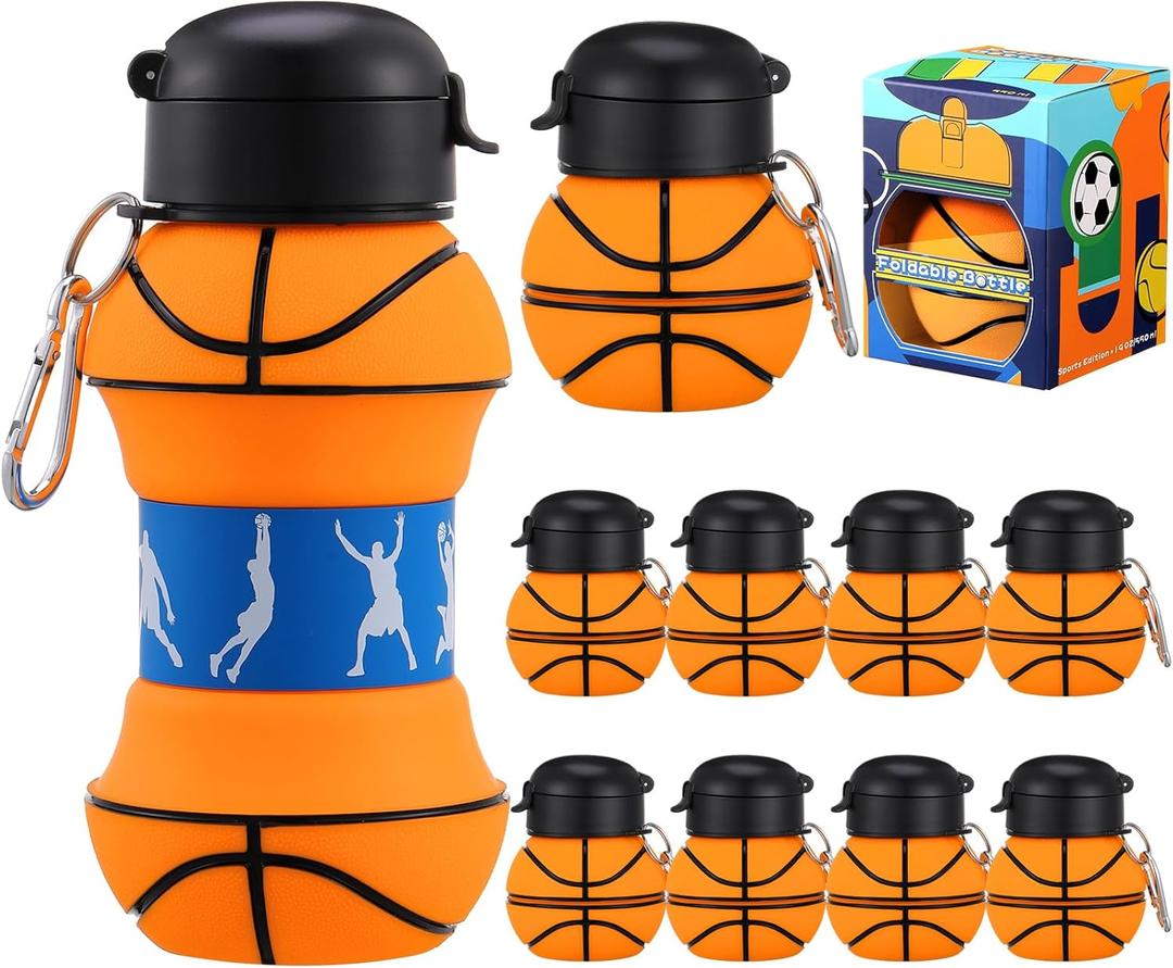 Layhit 8 Pcs Basketball Water Bottles 18oz Collapsible Basketball Water Cups for Kids Silicone Sport Party Favors for Players Lovers School Team Gifts Travel Sport Theme Party Accessories