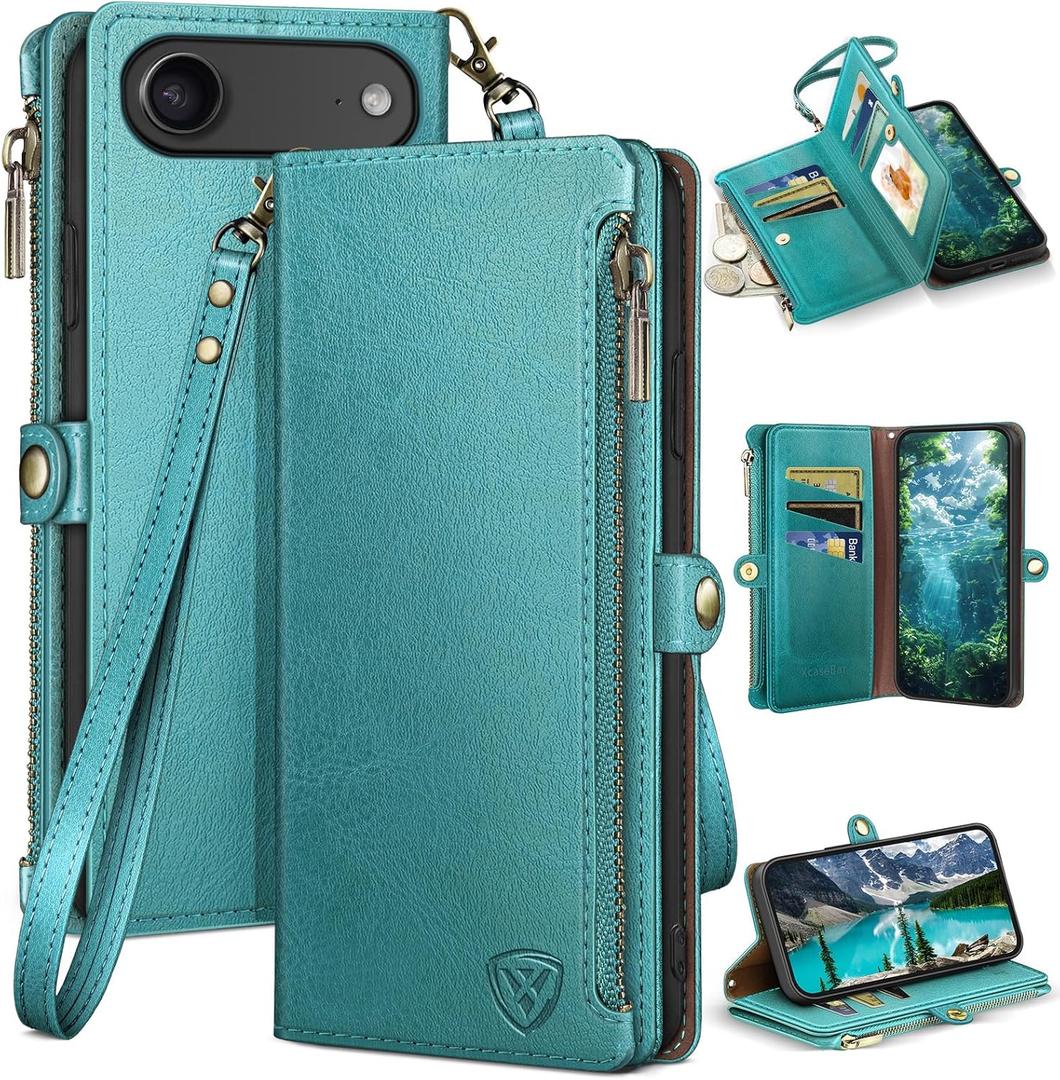 XcaseBar Compatible with iPhone Air 6.5" Wallet case with Zipper Credit Card HolderRFID Blocking,Flip Folio Book PU Phone case Shockproof Cover Women Men for Apple 17 Air case Blue Green