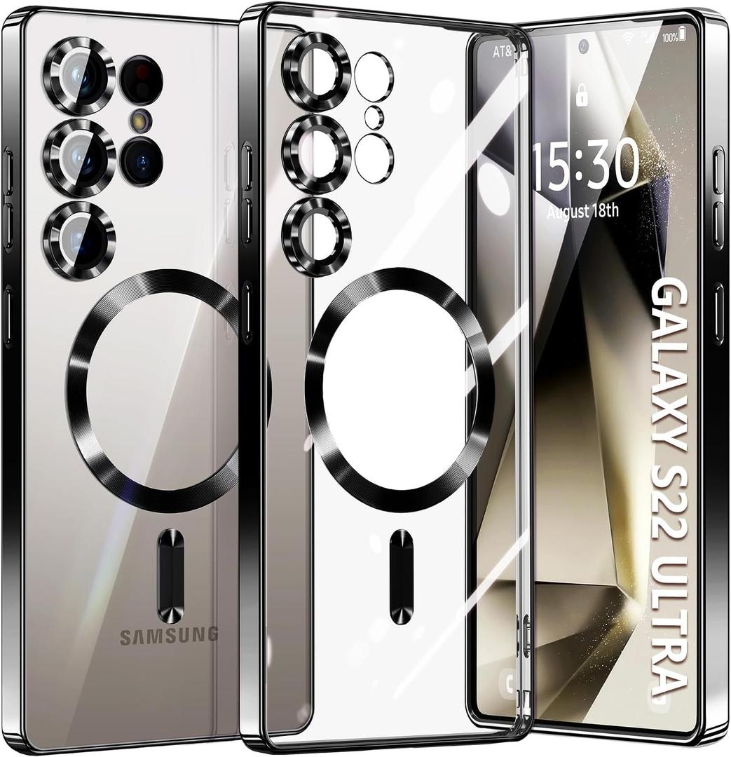 for Samsung Galaxy S22 Ultra Case.Soft TPU Electroplated Frame Cover with Clear Back.Drop Tested Protective Full Body Case.Thin Light Slim (Black, S22 Ultra)