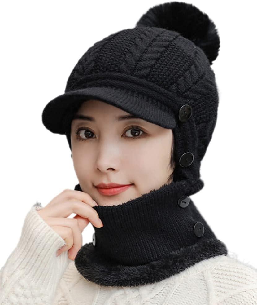 Women One Piece Slouchy Fleece Beanie Hats Scarf Mask Warm Winter Knitted Hat Thick Skull Ski Cap (One Size, A-black)