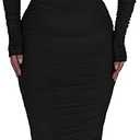 PRETTYGARDEN Women's Fall Off Shoulder Maxi Bodycon Dress Long Sleeve Ruched Fitted Club Dresses with Slit, L
