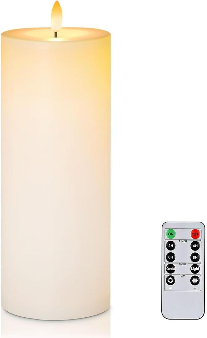 Raycare 4'' X 10'' Large Waterproof Outdoor Flameless Candle, Battery Operated LED Candles with Remote Control and Timer, Electric Fake Plastic Pillar Candles, White