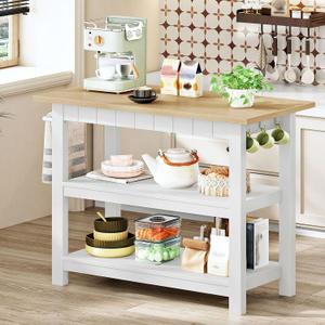 CHOEZON Kitchen Island with 3-Tier Storage and Hooks, White and Natural, 39.4 x 19.7 x 36.5 inches