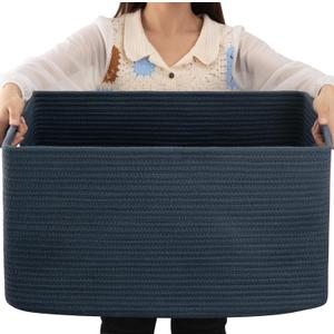 OIAHOMY 75L Large Blanket Basket, Woven Storage Basket with Handle, Cotton Rope Basket 22x17x12,Blanket Basket Living Room, Toy Basket for Nursery, Blue