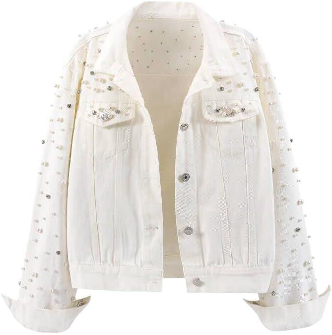 LifeShe Women's Pearls Denim Jacket Cropped Rhinestones Jean Jacket Coat (Large, White) LifeShe Women's Pearls Denim Jacket Cropped Rhinestones Jean Jacket Coat (Large, White)