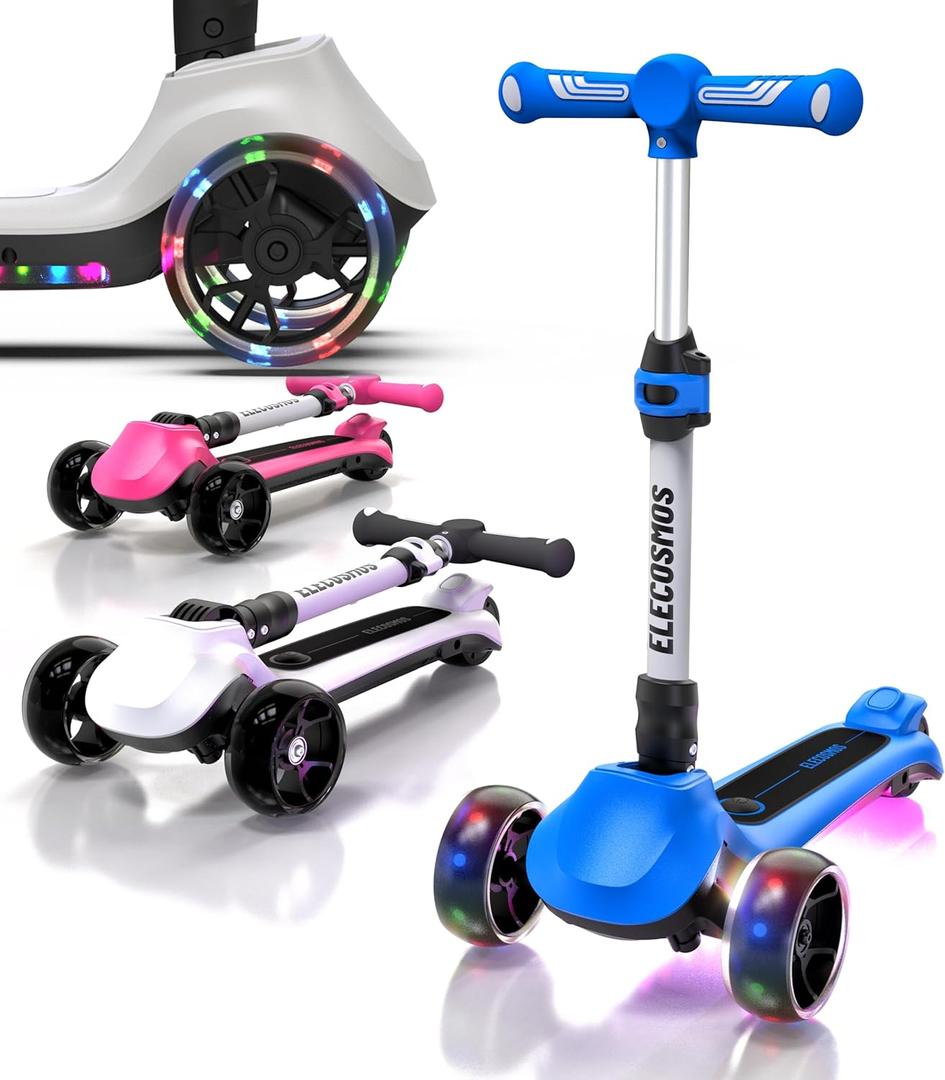 ELECOSMOS Kids Electric Scooter for Age 4-9, Light Up 3-Wheeled Scooter with Big LED Wheels, Wide Flashing Deck, Adjustable Height (Blue)