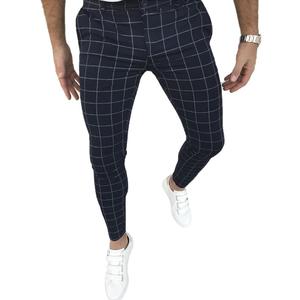 Men's Slim Fit Dress Pants Business Casual Stretch Slacks with Plaid Options (Blue)