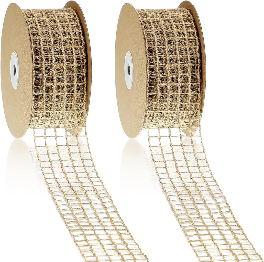2 Rolls Mesh Burlap Wired Ribbon Open Weave Burlap Net Ribbon Fabric DIY Craft for Wrapping Bow Wreath Party DIY Crafts Home Decor(20 Yards x 2.5 Inch,5 Square Grids)