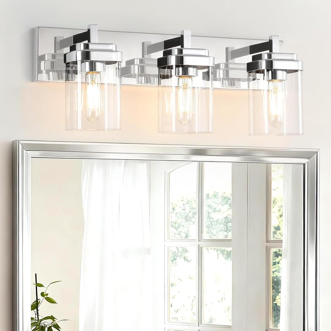 3-Light Vanity Light Fixture, Bathroom Wall Sconces, Bathroom Vanity Lighting Over Mirror | Square Clear Glass Shade | Bulbs Not Included | E26 Socket | Chrome