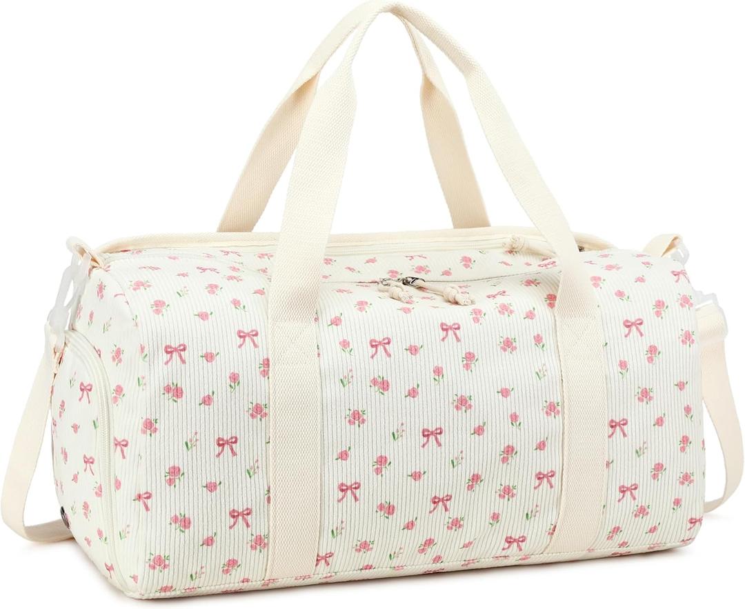 BTOOP Duffle Bag for Gym Sports Women Girls Workout Travel Bag Weekender with Shoe Compartment and Wet Pocket (Large, A-Pink Bow-Floral)