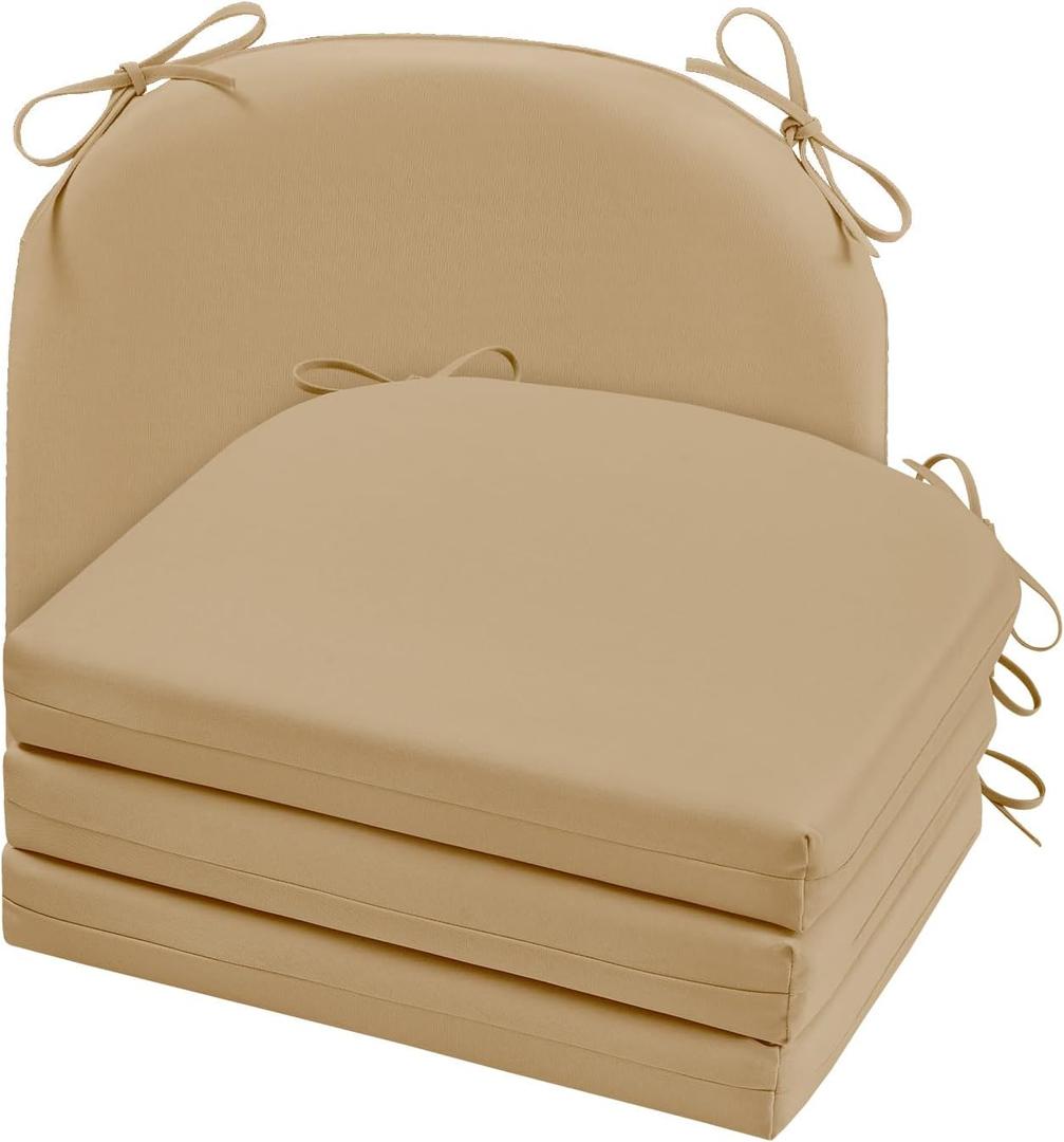 Cozyide Outdoor Chair Cushions, Waterproof Patio Seat Cushions with Adjustable Straps, Round Corner Patio Chair Cushions for Garden, Khaki, 17x16x2 Inch (Pack of 4)