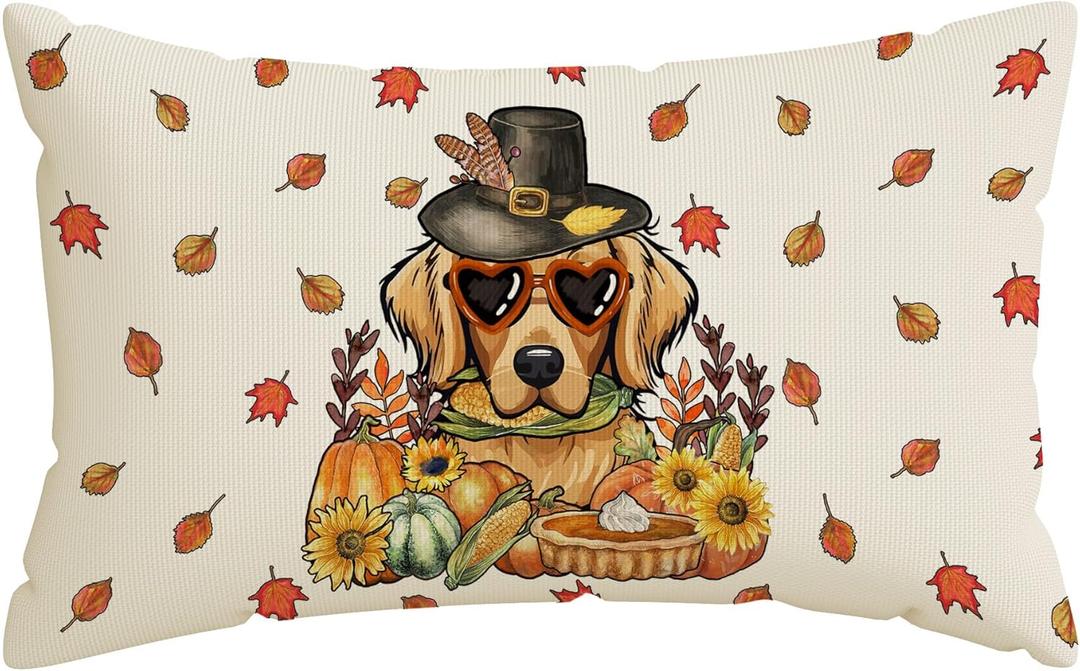 Thanksgiving Pillow Covers Dog Pumpkins Maple Leaves Sunflower Lumbar Pillow Cases Fall Decorations for Farmhouse Home Bedroom Sofa Couch Outdoor Holiday Decor 12x20 Inch
