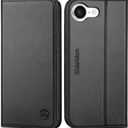 SHIELDON Wallet Case for iPhone 16e 2025, Genuine Leather RFID Blocking Credit Card Holder Folio Magnetic Kickstand Shock-Absorbent Protective Phone Case Compatible with iPhone 16e 6.1" - Nappa Black