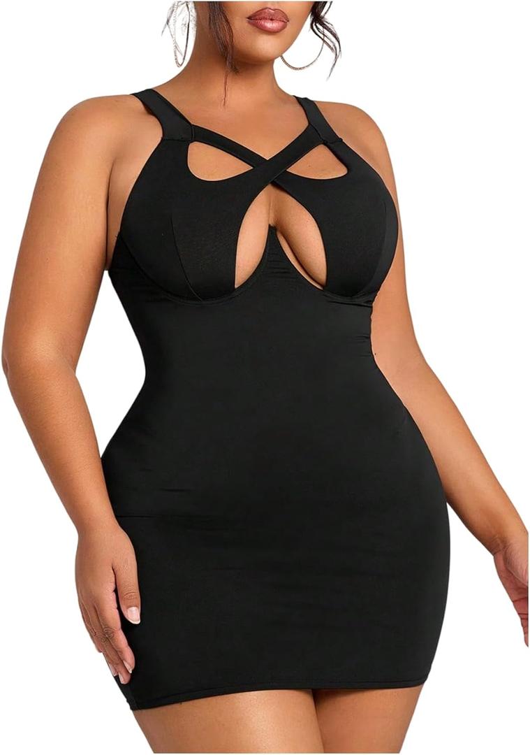 SHENHE Women's Sexy Cut Out Criss Cross Dress Sleeveless Bodycon Party Club Bandage Dress (Large, Black)