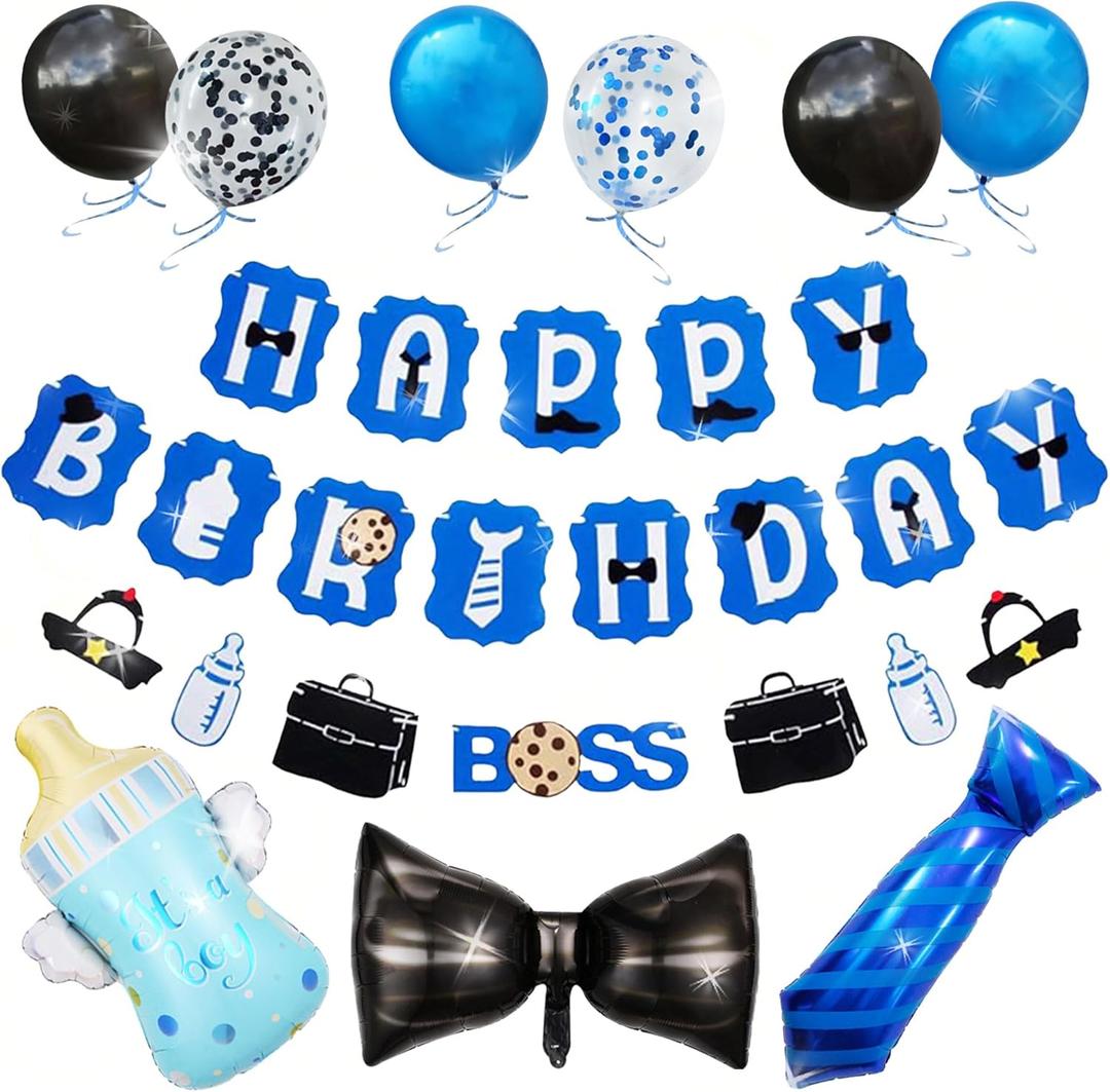 Boss Boy Birthday Party Decorations Happy Birthday Banner,Bow,Tie,Bottle Teat Balloon For Boy BOSS boy Party Favor Supplies