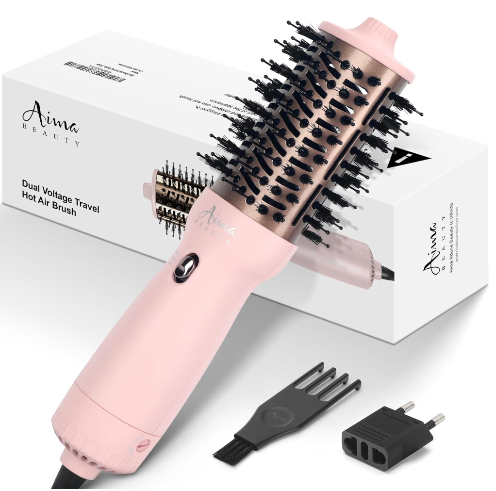 Aima Beauty 4 in 1 Worldwide Travel Hot Air Brush Dual Voltage Blowout Brush Oval Shape One Step Volumizer Straightener Blow Dryer Brush Ionic Lock Moisture Gift 360 Swivel Cord Champagne Silver