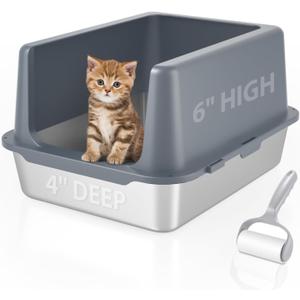 Litter Box with Lid, Stainless Steel Litter Box, 10" Metal Litter Tray High Sides, Small Litter Pan for Kittens, Enclosed Cat Litter Pan, Non-Sticky Covered Grey, Easy Clean