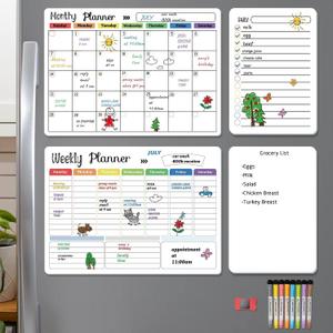 Hivillexun Magnetic Dry Erase Calendar Whiteboard Set (4-Pack) for Home and Kitchen, with Monthly and Weekly Views (16.5 x 11.8), Magnetic Whiteboard and Daily Planners (12 x 8) 8 Markers & Eraser