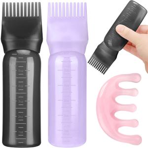 2 Pack Hair Oil Applicator Bottle for Scalp with Massage Comb,6 OZ Hair Oil Bottle with Root Comb for Scalp, Shampoo Scrubber Applicator,Hair Dye Tools(Black, purple)