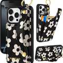 Petitian for iPhone 16 Pro Max Wallet Case - Women Girls Cute Girly Aesthetic Unique Design Leather Credit Card Holder Phone Cover Stand Wristband for iPhone 16 Pro Max, White Flowers