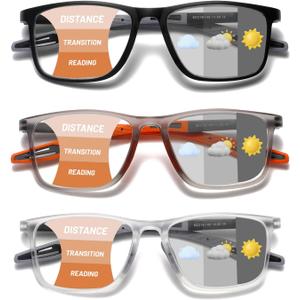 Hubeye Photochromic Progressive Reading Glasses for Men and Women Ultralight Flexible Anti-Blue Light ReadersClear+Black+Orange+1.5