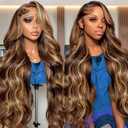 Honey Blonde Ombre Lace Front Wig Human Hair Highlight Body Wave Lace Front Wigs Human Hair Pre Plucked 200 Density Glueless Wig 13X6 HD Lace Frontal Wig for Women 4/27 Colored 30 Inch