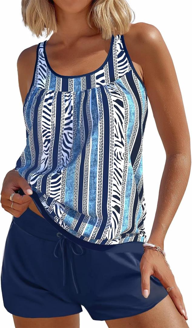 Modlily Classic Two Piece Tankini Swimsuits, Tummy Coverage Bathing Suits, Blouson Tank Top with Board Shorts (Blue, XL)
