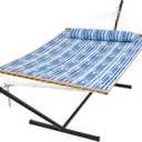 SUPERJARE Hammock with Stand, 2 Person Quilted Outdoor Hammock, Detachable Pillow & Bamboo Spreaders, Portable Hammock with Carrying Bag, Heavy Duty Stand, Perfect for Outside, Patio, Graffiti Blue
