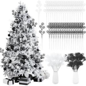 Riceshoot 50 Pcs Christmas Tree Picks and Sprays Artificial Glitter Stem Ornaments Curly Decorative Sticks for Vases Tall Candy Christmas Tree Twigs for Wedding Holiday Party Decoration(Black,White)