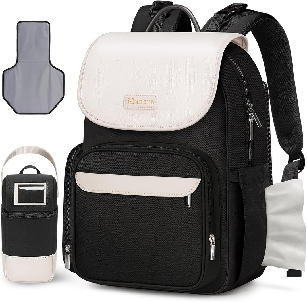 Mancro Small Diaper Bag Backpack with Changing Pad, Stylish Diaper Bag with Insulated Bottle Pocket, Water Resistant Baby Bags for Mom for Travel with Stroller Straps, Black-White