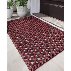 DEXI Front Door Mat Outside Entrance Rubber 19x30, Welcome Floor Doormat Heavy Duty Non Slip, Dirt Trapper Waterproof Exterior Entry Mats All Weather for Patio Entryway Drainage, Red
