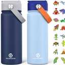 GoKEDA 18oz Kids Water Bottle, 2 Pack Insulated Bottles with Stickers, 18/8 Stainless Steel Vacuum Leak Proof Straw Cup for School, Gifts for Boys(Light Blue, Dark Blue)