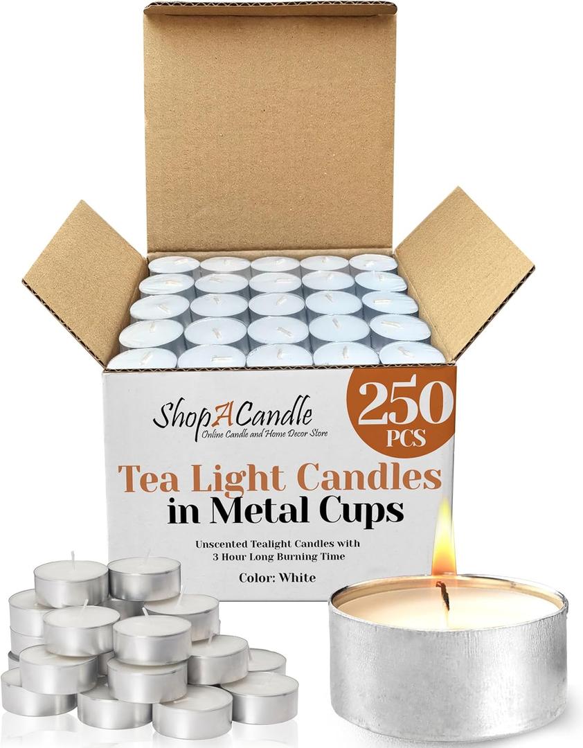 250 Pack Tealight Candles in Metal Cups - Clean, White Unscented Tealight with 3 Hour Long Burning Time - Votive Candles Bulk for Romantic Dinner, Weddings, Spa & Hotels