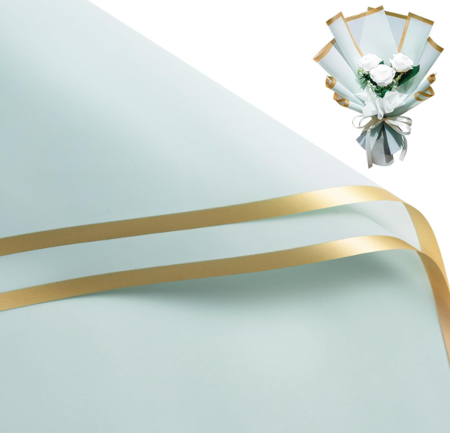 WRAPAHOLIC 20 Sheets Flower Wrapping Paper - 22.4 x 22.4 inch Gold Trim Light Blue Water-Resistant Floral Bouquet Wrapping Paper, Florist Supplies Packaging Paper for Wedding Birthday Gift DIY