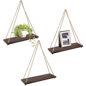 Mkono Wood Hanging Shelves for Wall Boho Decor Swing Rope Rustic Floating Shelf, Set of 3 Wall Display Shelving Home Organizer Rack for Living Room Bedroom Bathroom Kitchen,Brown