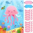 Pin The Tentacle On The Jellyfish Game Under The Sea Themed Poster with 24 Stickers Blindfolds Fun Ocean Animal Entertaining Classroom Activity for Kids Birthday Party Decorations Supplies Wall Decor