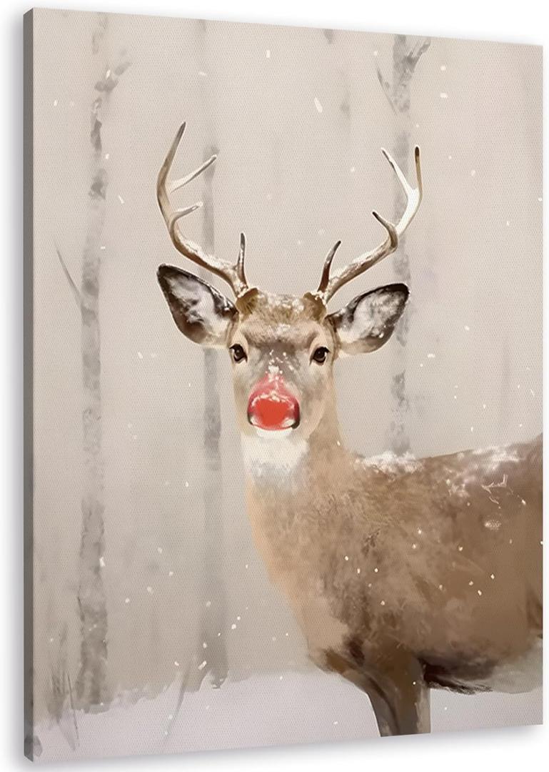 TLESKE Winter Christmas Red Nose Deer Reindeer Wall Art Decor, Vintage Rustic Deer Canvas Wall Art Print for Farmhouse Living Room Bedroom, Funny Winter Christmas Moose Wall Artwork Picture, 11x14